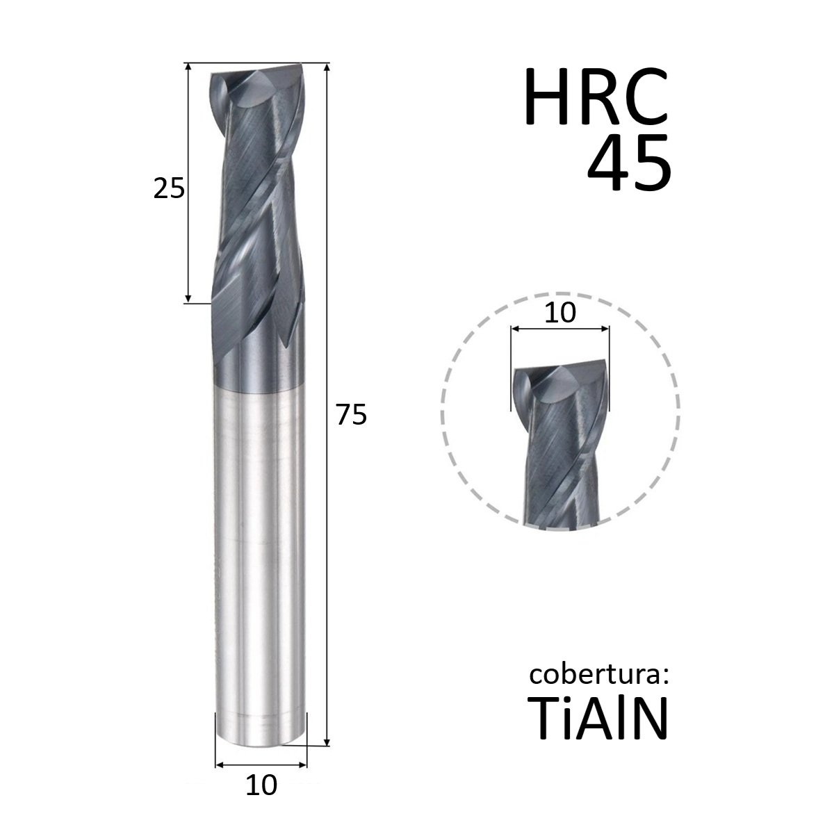 fresa topo metal duro 2 cortes 10mmx25x75xh10 45hrc - Imagem 3