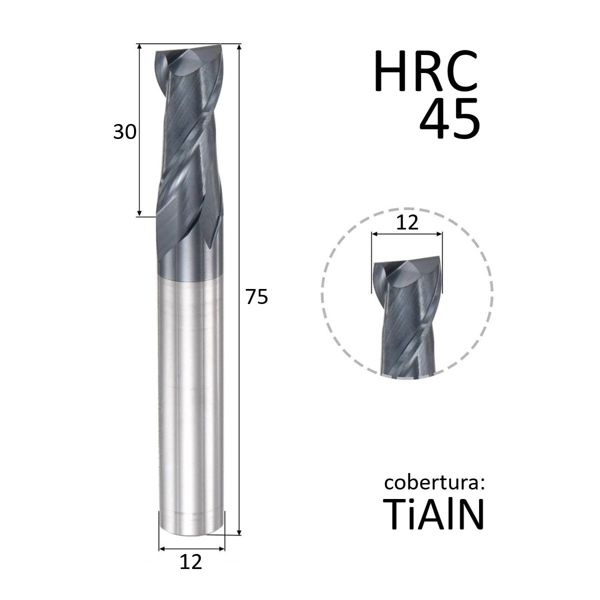 fresa topo metal duro 2 cortes 12mmx30x75xh12 45hrc - Imagem 3