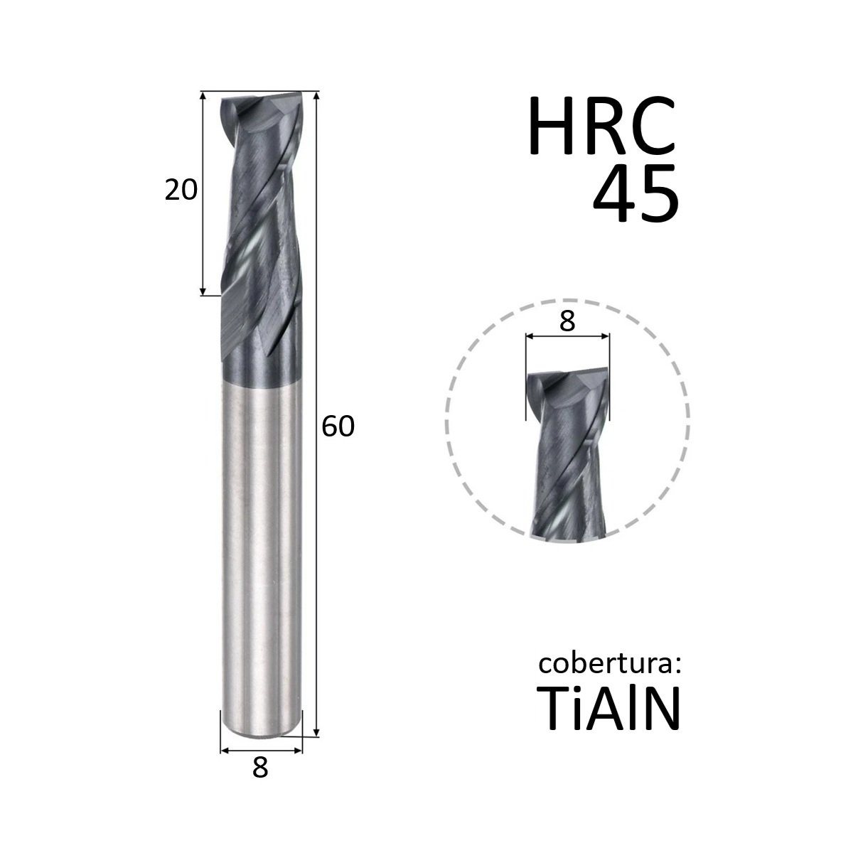fresa topo metal duro 2 cortes 08mmx20x60xh8 45hrc - Imagem 3