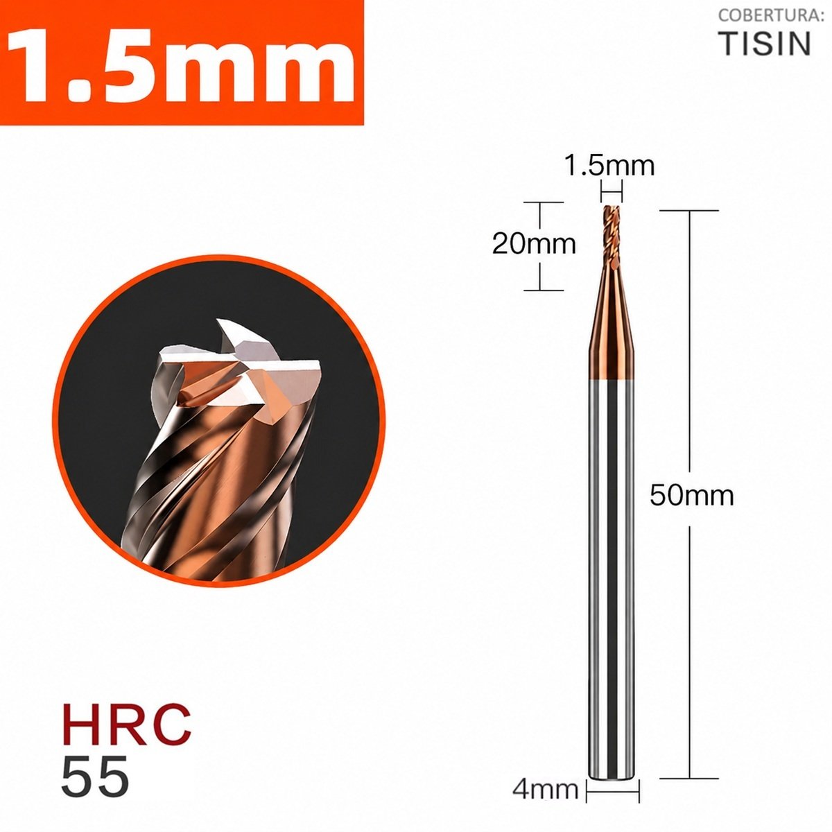 fresa topo metal duro 4 cortes 01,5mmx20x50xh4 55hrc - Imagem 3