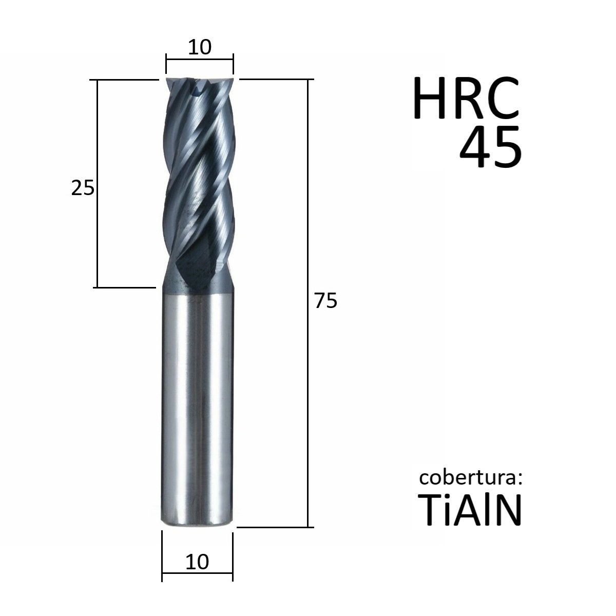 fresa topo metal duro 4 cortes 10mmx25x75xh10 45hrc - Imagem 3