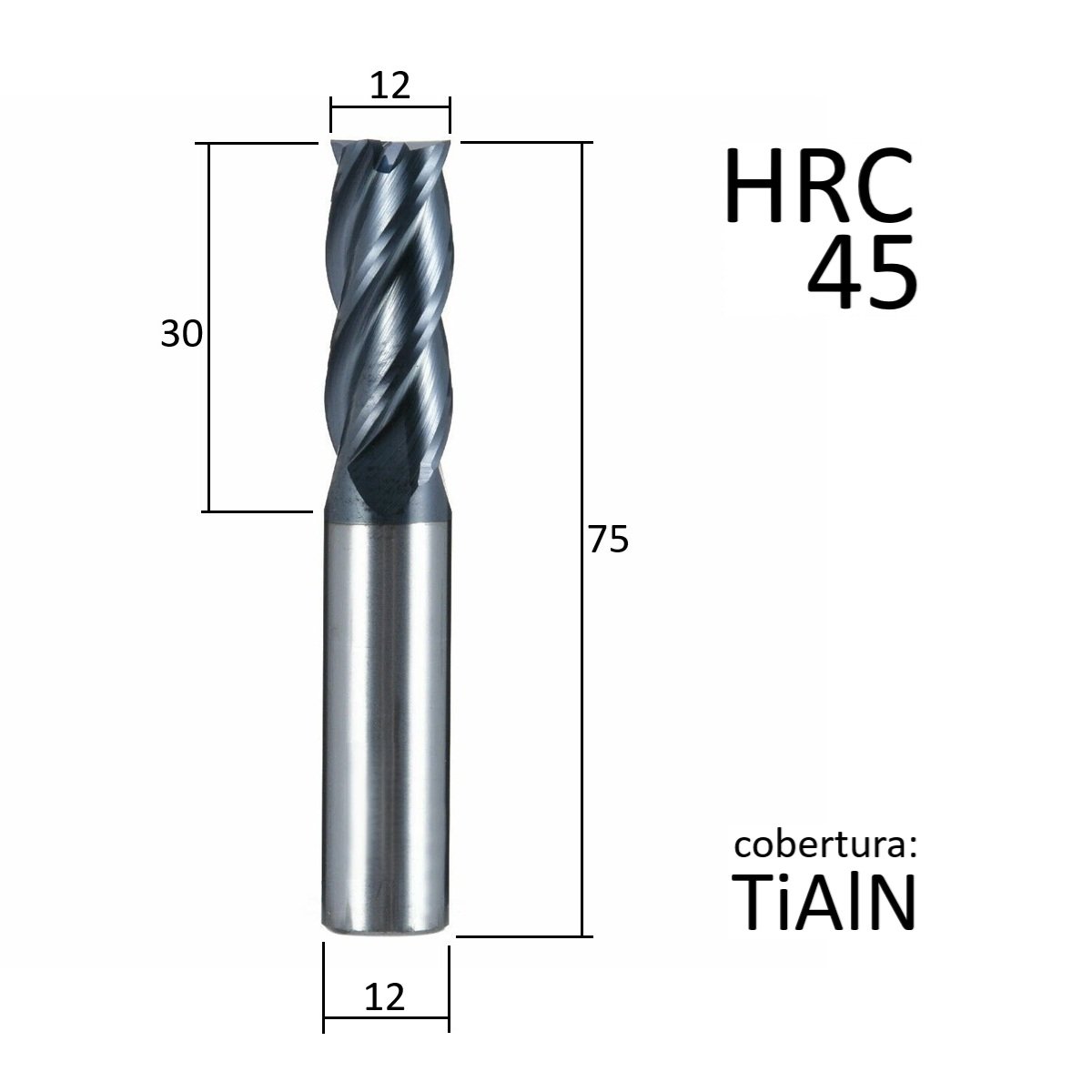 fresa topo metal duro 4 cortes 12mmx30x75xh12 45hrc - Imagem 3