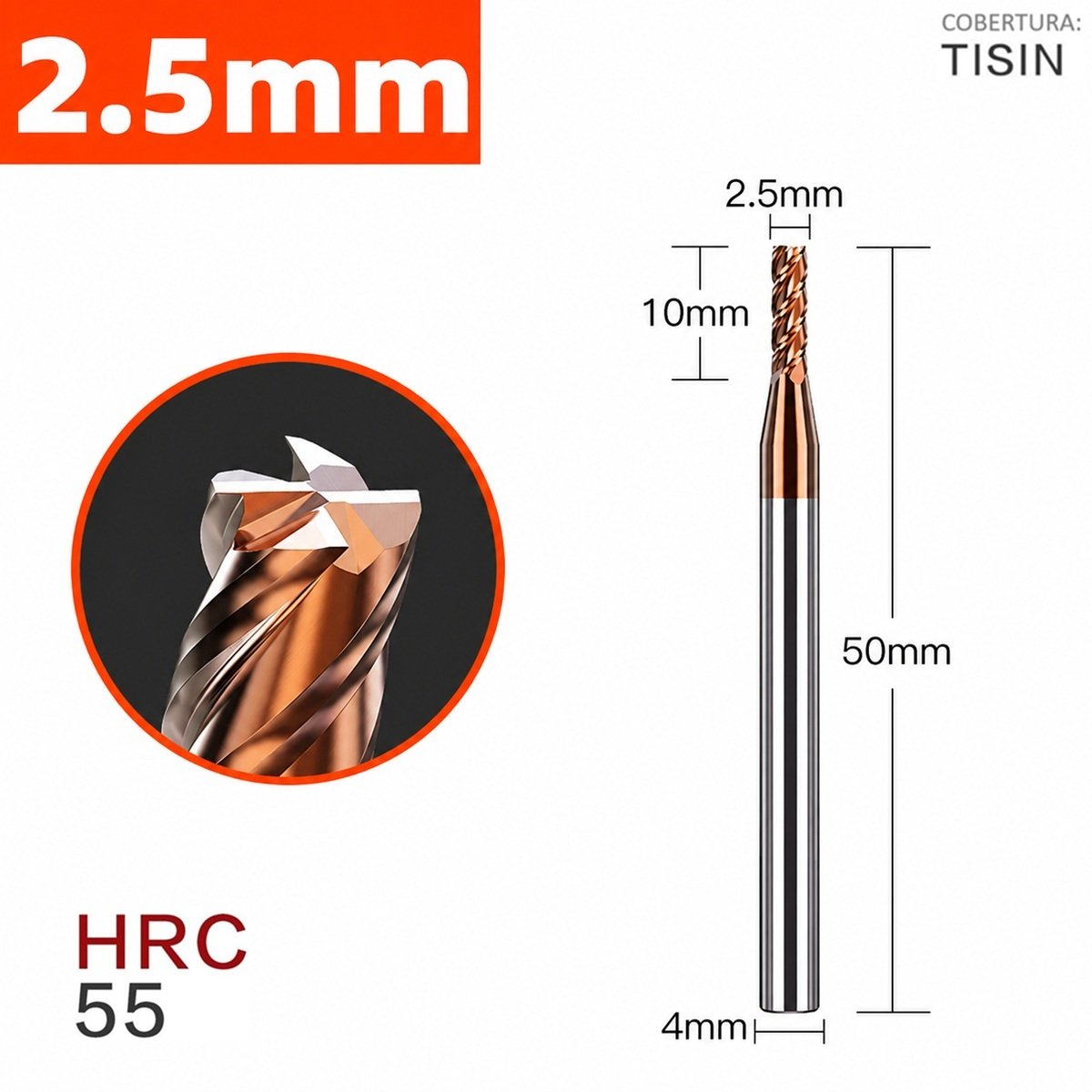fresa topo metal duro 4 cortes 02,5mmx10x50xh4 55hrc - Imagem 3