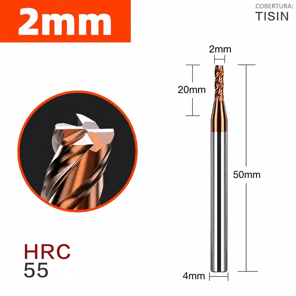 fresa topo metal duro 4 cortes 02mmx20x50xh4 55hrc - Imagem 3