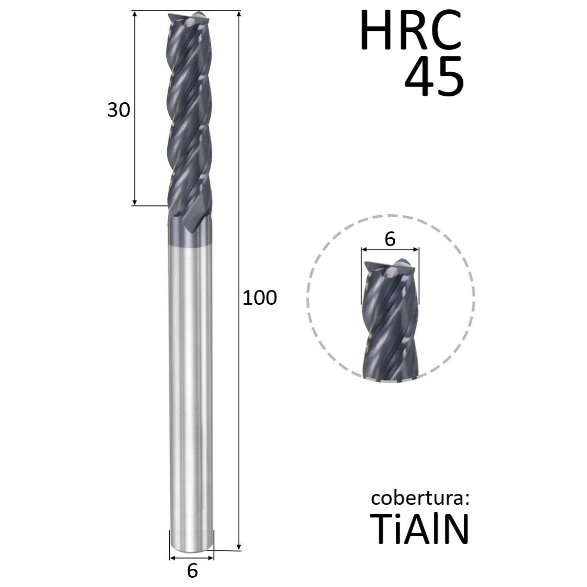 fresa topo metal duro 4 cortes 06mmx30x100xh6 45hrc - Imagem 3
