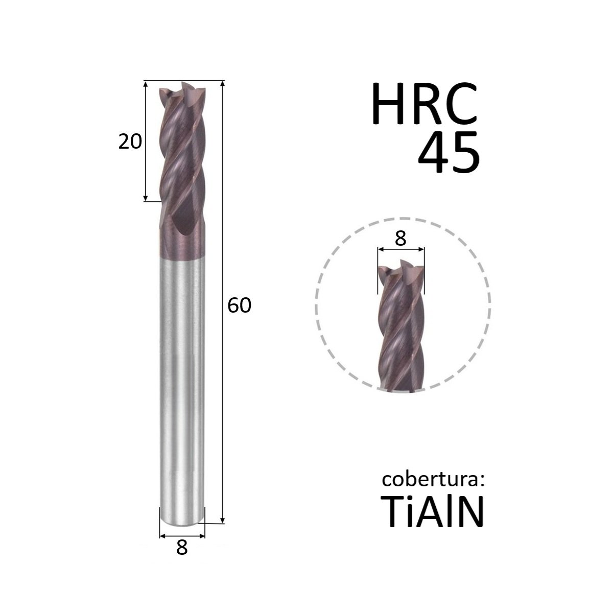 fresa topo metal duro 4 cortes 08mmx20x60xh8 45hrc - Imagem 3