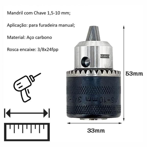 mandril com chave 1,5 a 10 mm rosca 3/8x24 fios - Imagem 3