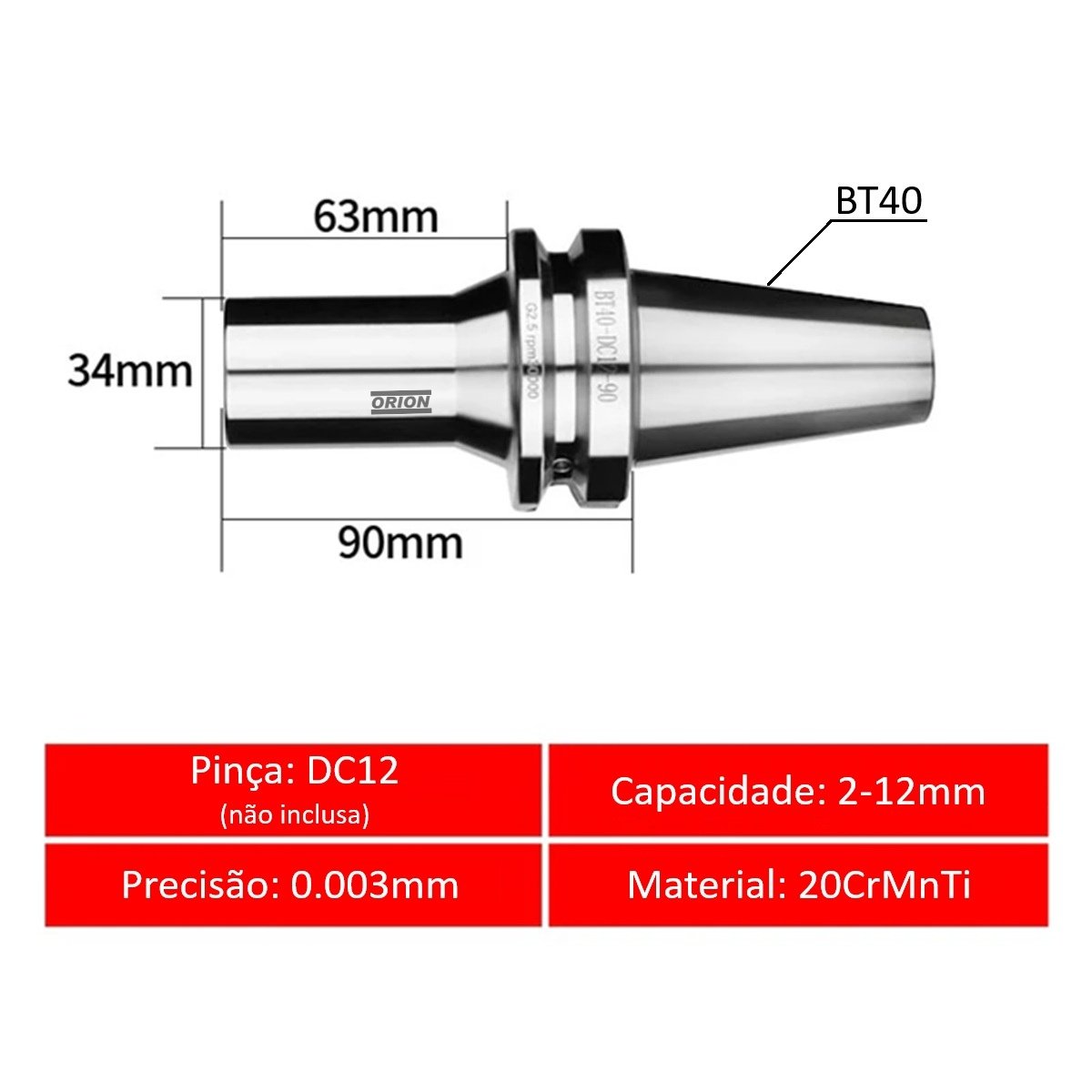 mandril porta pinças dc12 bt40 L90 - Imagem 3
