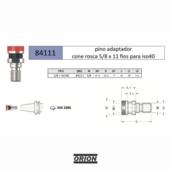 pino adaptador cone rosca 5/8 x 11 fios para iso40 - Imagem 3